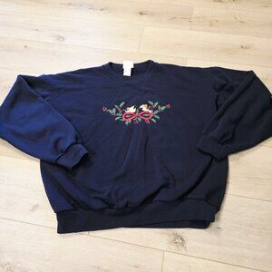 Vtg Blue Christmas Holly Chickadee Birds Embroider Santee Sweatshirt Sz Large